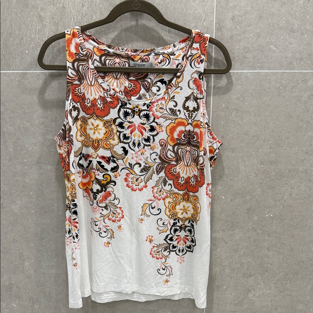 Chico's Vibrant Floral Tank Top - White, Orange, and Black